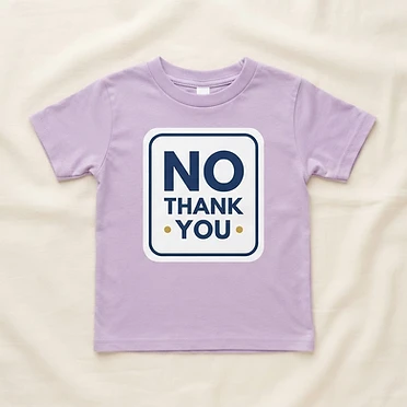 From the Closer Than You Think™ sensory collection: 'NO THANK YOU' on a clean high-contrast flashcard on the front, and the same words in braille dots with simple ASL hand line-art (NO finger-tap and THANK YOU signs) on the back, with the small CTYT mark at the neck. Super-soft, sensory-friendly lavender kids tee. Kid sizes 2T–Youth XL.