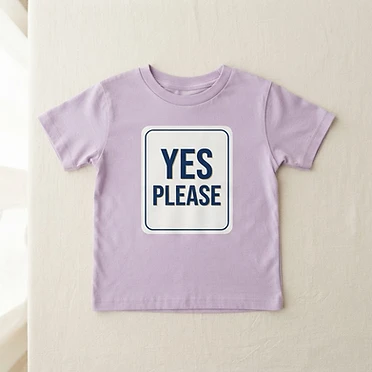 From the Closer Than You Think™ sensory collection: 'YES PLEASE' on a clean high-contrast flashcard on the front, and the same words in braille dots with simple ASL hand line-art (YES nodding fist and PLEASE chest-circle signs) on the back, with the small CTYT mark at the neck. Super-soft, sensory-friendly lavender kids tee. Kid sizes 2T–Youth XL.