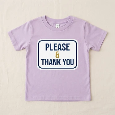From the Closer Than You Think™ sensory collection: 'PLEASE & THANK YOU' on a clean high-contrast flashcard on the front, and the same words in braille dots with simple ASL hand line-art (PLEASE chest-rub and THANK YOU fingertips signs) on the back, with the small CTYT mark at the neck. Super-soft, sensory-friendly lavender kids tee. Kid sizes 2T–Youth XL.