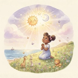 The Little Hearts Children's Bible — Page 1: In the very beginning, the world was empty and dark. God said, "Let there be light!" — and golden light filled the sky.