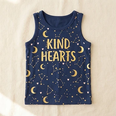 The top of the Kind Hearts, Big Dreams pajama set! A dreamy navy night sky full of golden moons, stars and hearts, with KIND HEARTS on the front and BIG DREAMS on the back. Soft all-over-print kids' tee in sizes XS-XL.