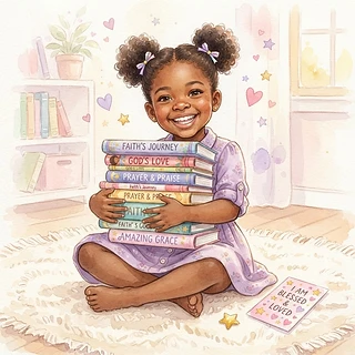 Amari sitting with a stack of her storybooks