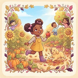 Amari's Harvest Feast — Page 1: The September sun felt like a golden hug as Amari stepped into the garden. Her puppy, Sunny, wiggled with joy, chasing falling leaves.