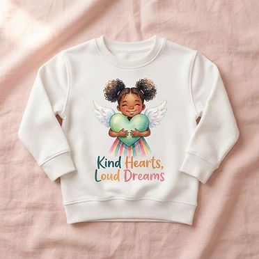 Amari and her winged heart on a cozy kids sweatshirt. Watercolor artwork made for cool mornings, campfires, and cocoa. Youth sizes XS-XL.