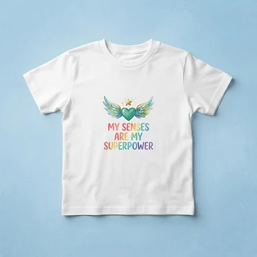'My Senses Are My Superpower' — a bright, high-contrast watercolor heart-with-wings design made for sensitive skin. Super-soft, sensory-friendly fabric kids love to wear, with the green heart-with-wings logo printed below the back neckline. Youth sizes XS-XL.
