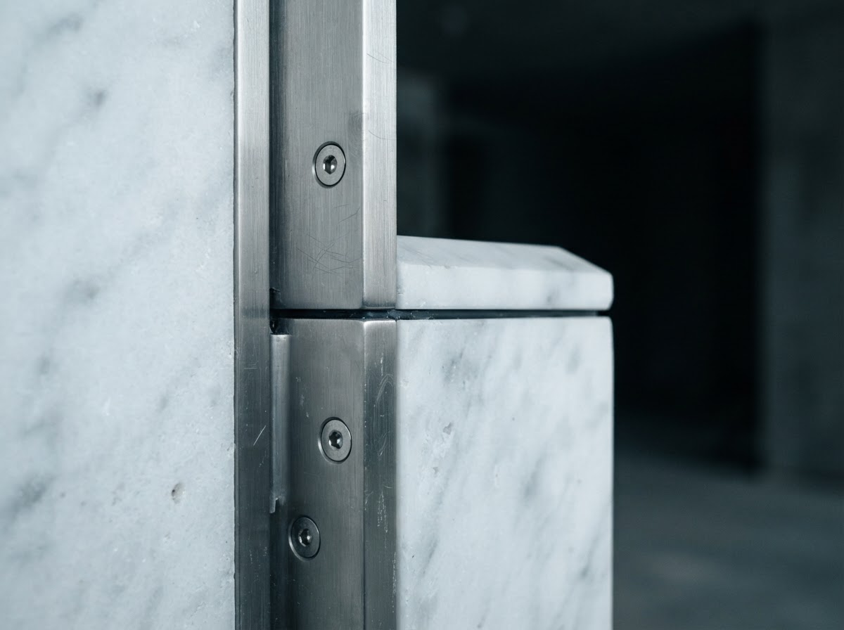 Close-up of marble meeting brushed steel