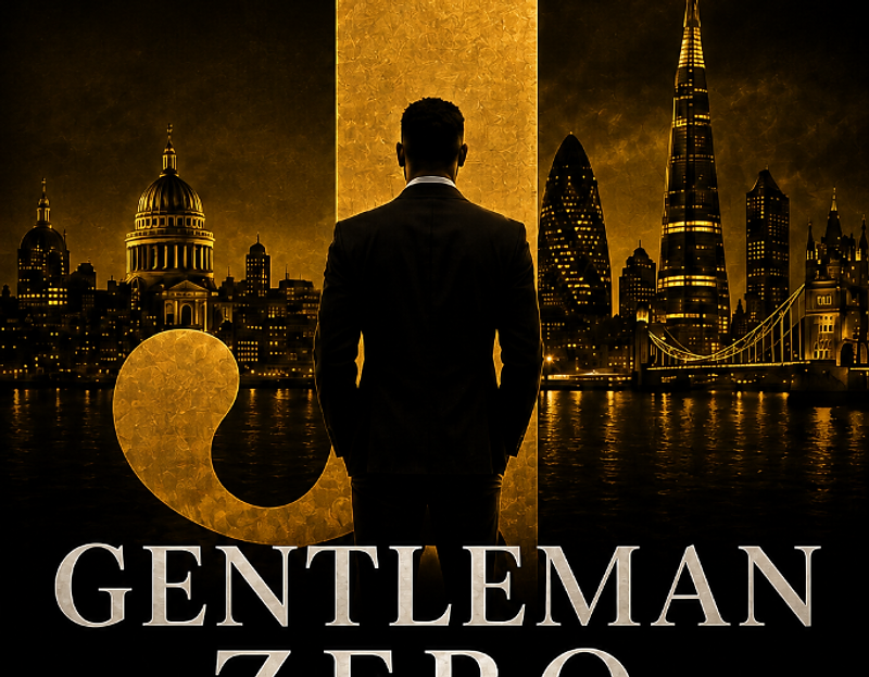 The Gentleman Zero book cover - a golden J rising over a silhouetted figure and the London skyline. An international espionage thriller by Teroy A. Spencer.