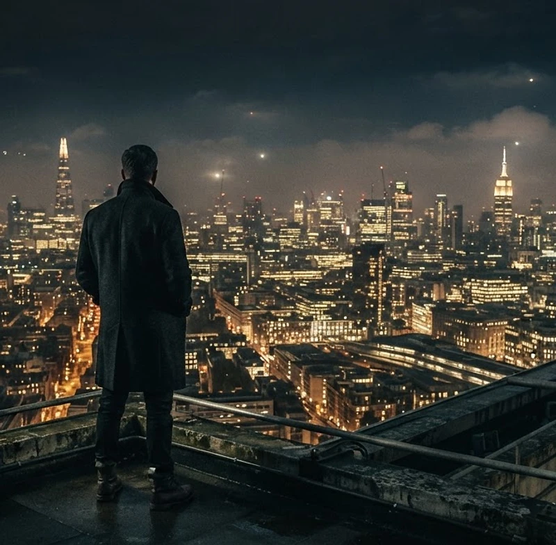 A lone figure facing a glittering city skyline at night
