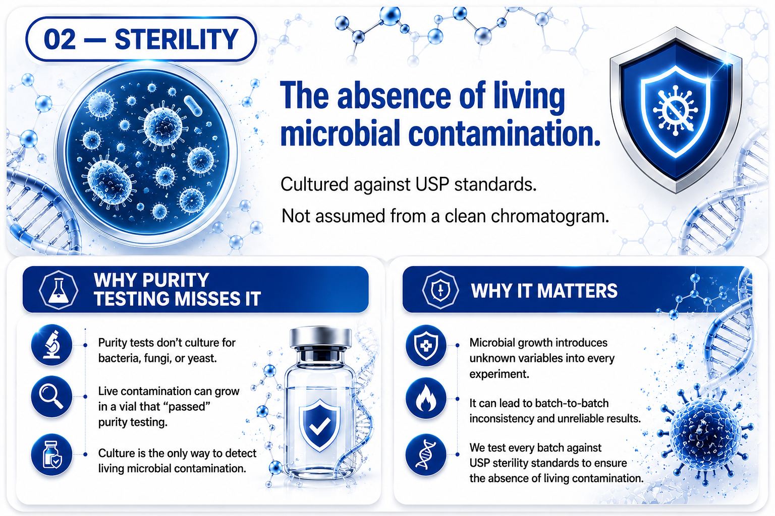 02 — Sterility: the absence of living microbial contamination, cultured against USP standards.