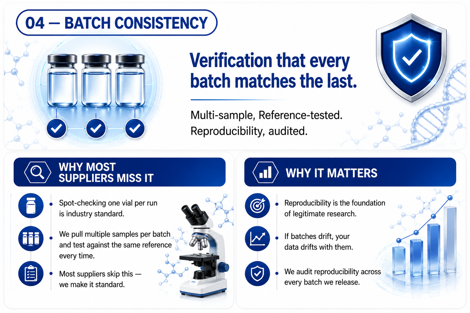 04 — Batch Consistency: verification that every batch matches the last. Multi-sample, reference-tested, reproducibility audited.