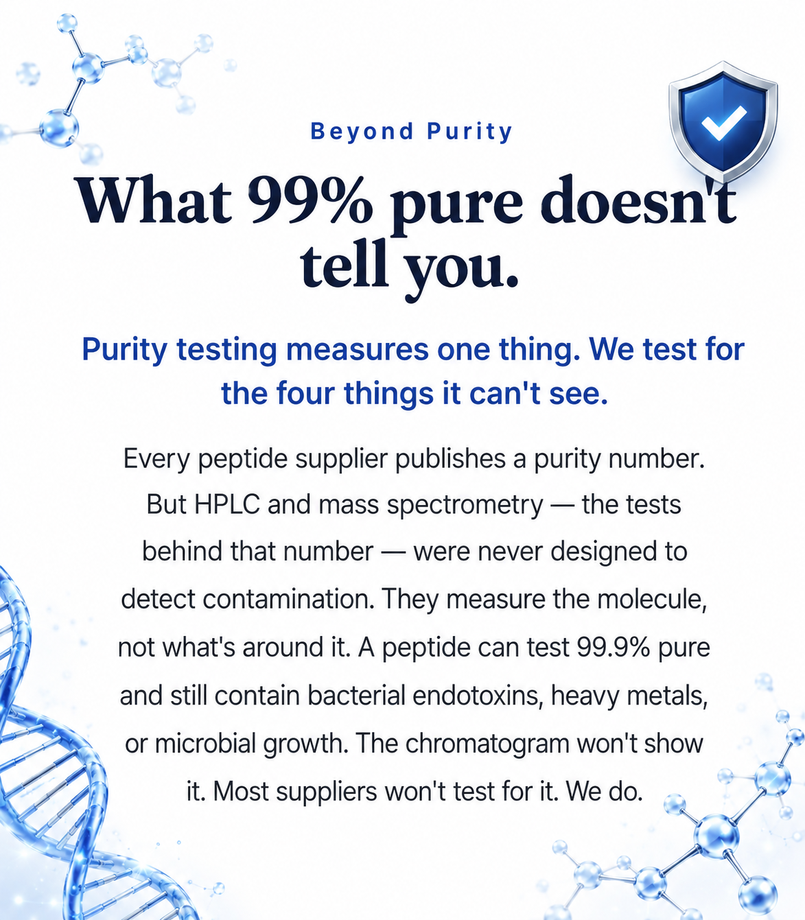 Beyond Purity — What 99% pure doesn't tell you. Purity testing measures one thing; we test for the four things it can't see.