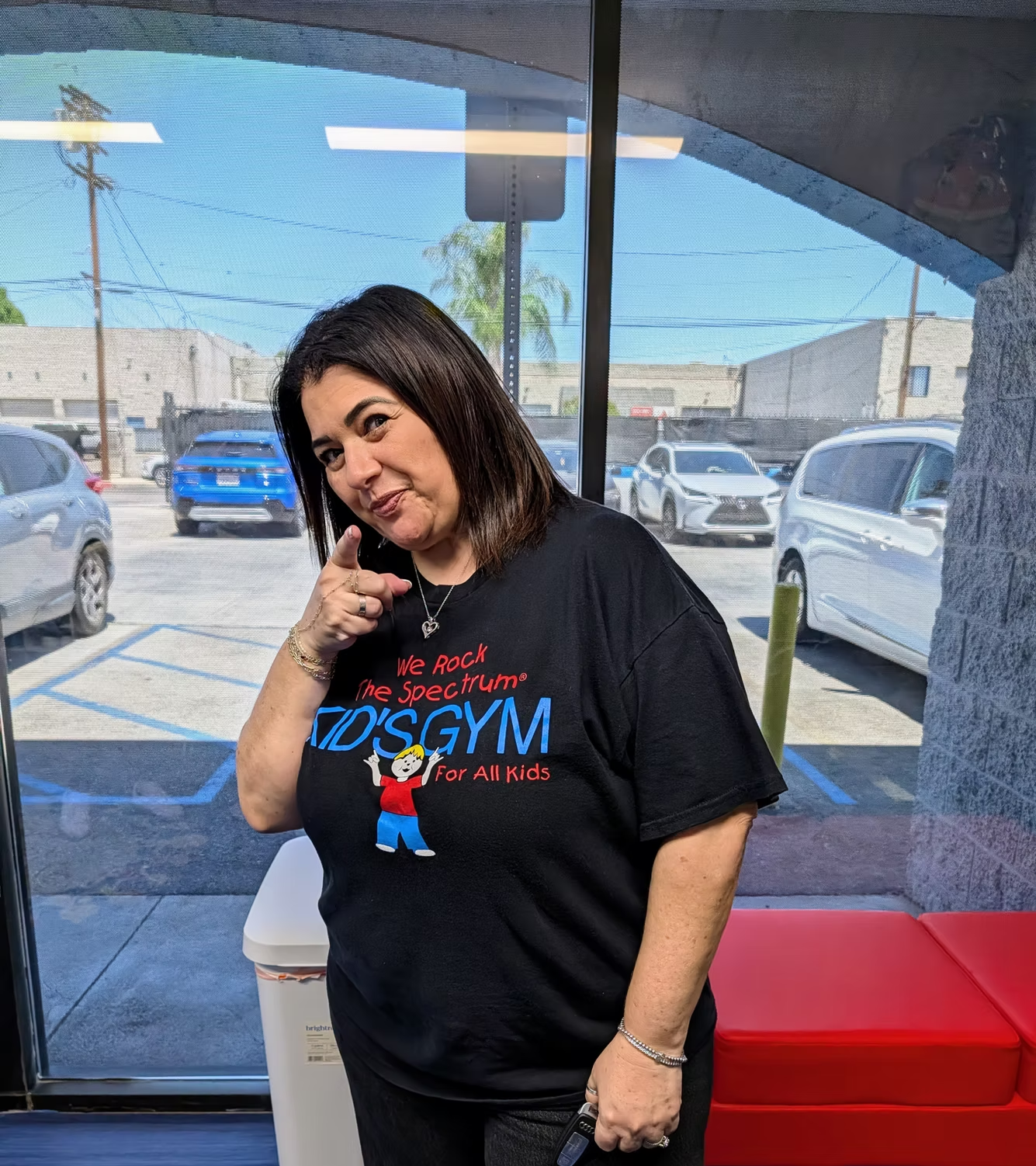 We Rock The Spectrum Northridge team member in the gym lobby