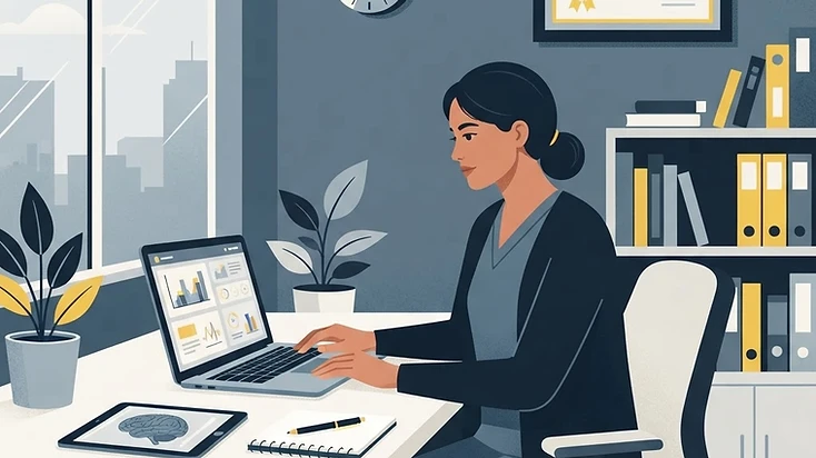 Illustration of a staff member completing a training course and earning a certificate