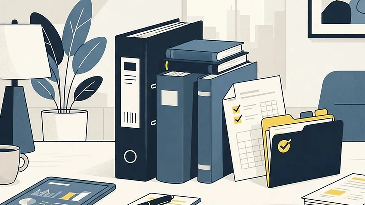 Illustration of policy manuals, binders, and reviewed documents