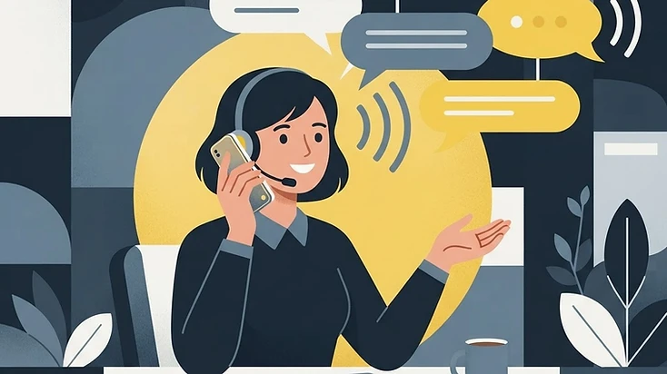 Illustration of a support specialist wearing a headset answering calls