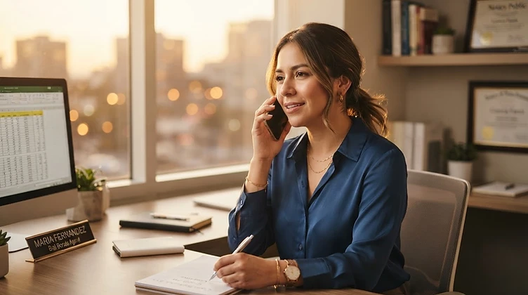 A calm, focused bilingual bail agent taking a call in a modern office