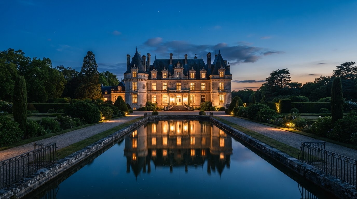 The Rosemont Estate illuminated at blue hour
