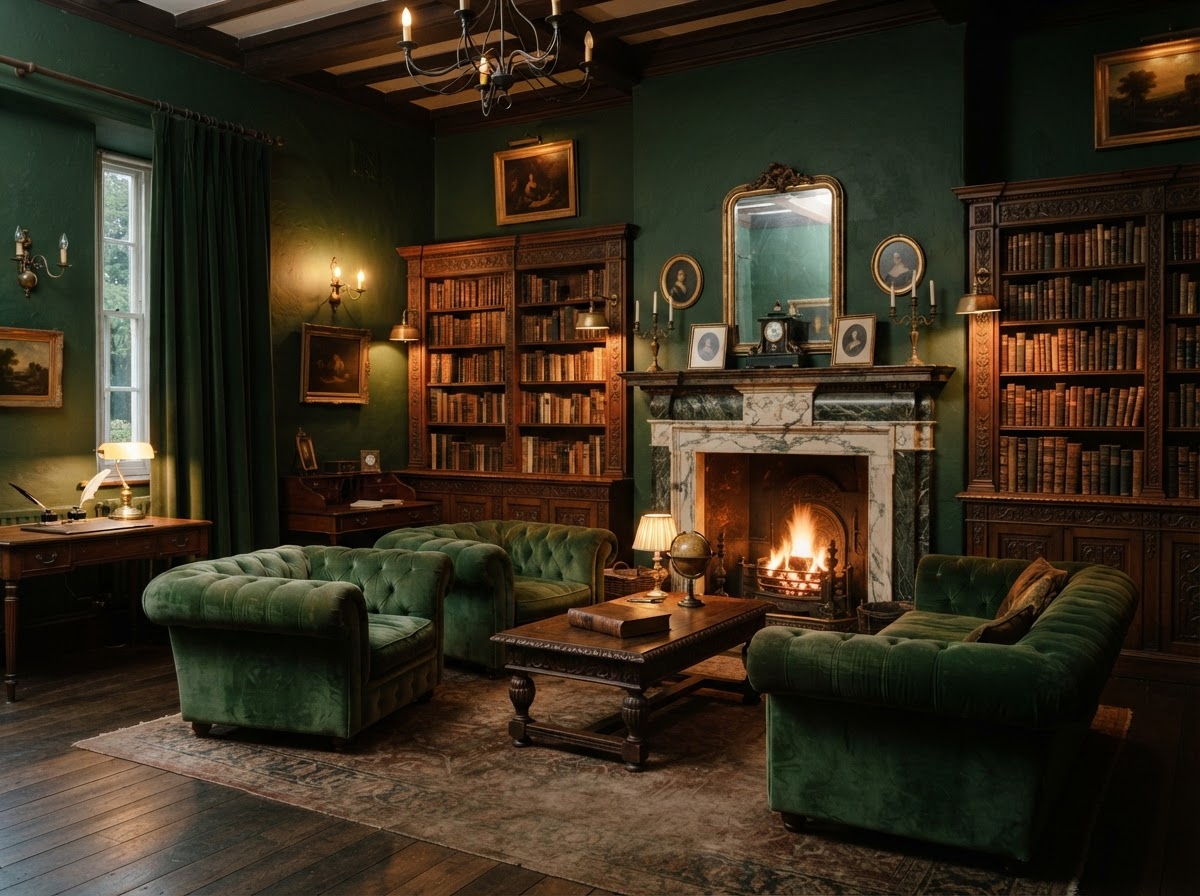 The intimate Library Lounge with fireplace and velvet seating