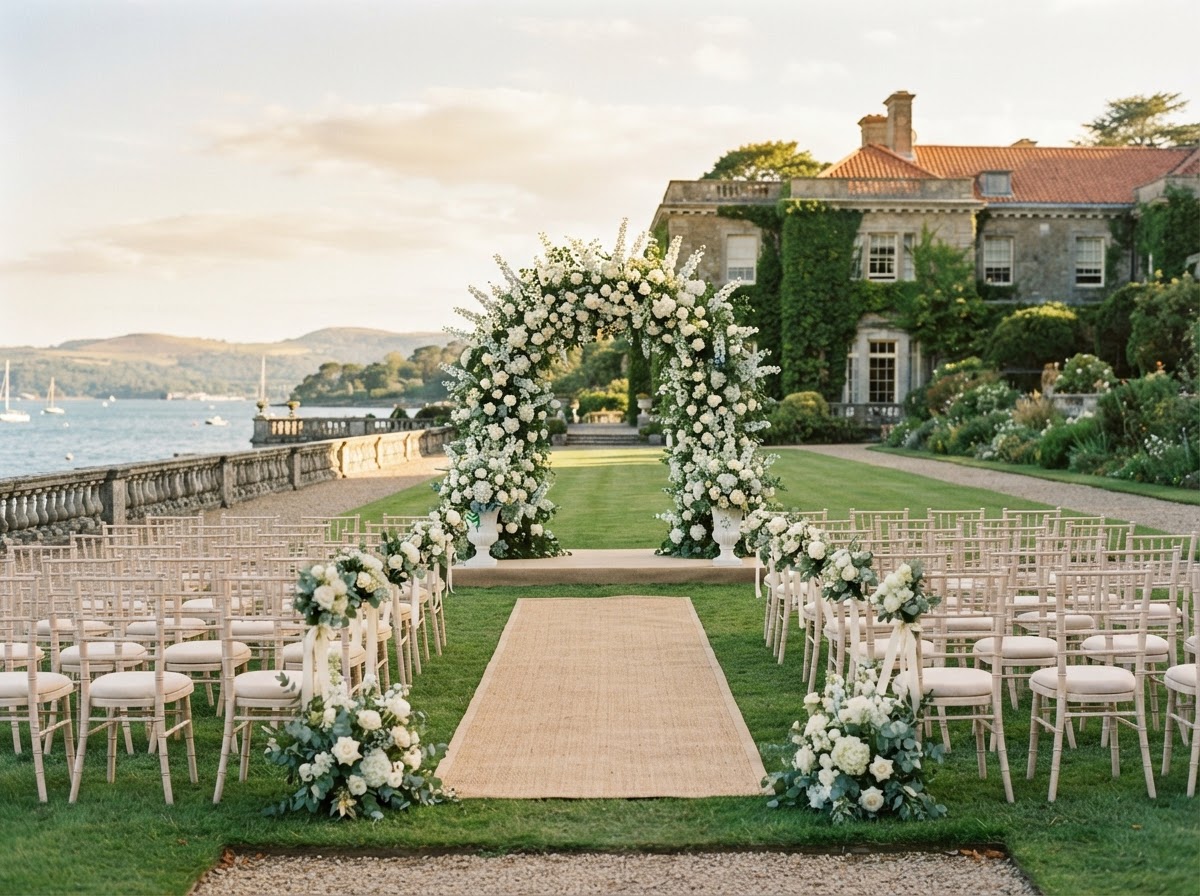 Garden wedding ceremony arranged before guests arrive