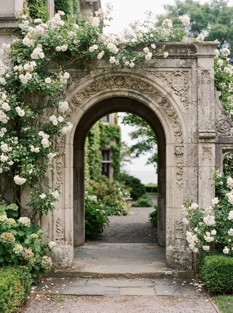 Historic stone archway covered in white climbing roses