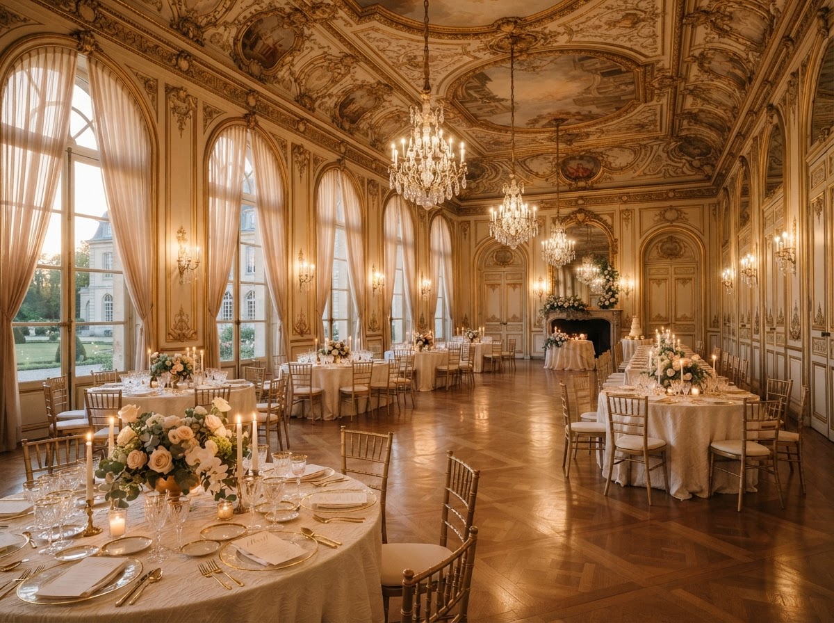 The Grand Ballroom with chandeliers and reception tables