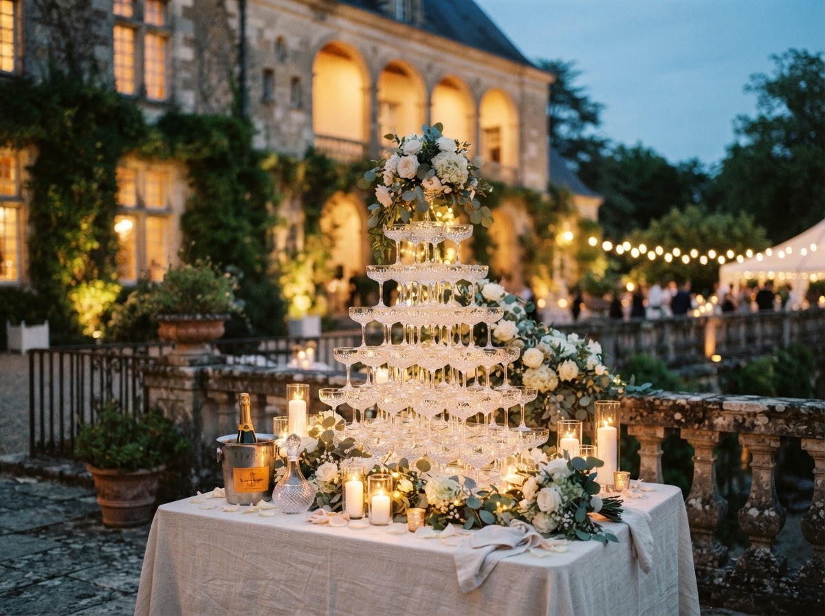Champagne coupe tower on the estate terrace