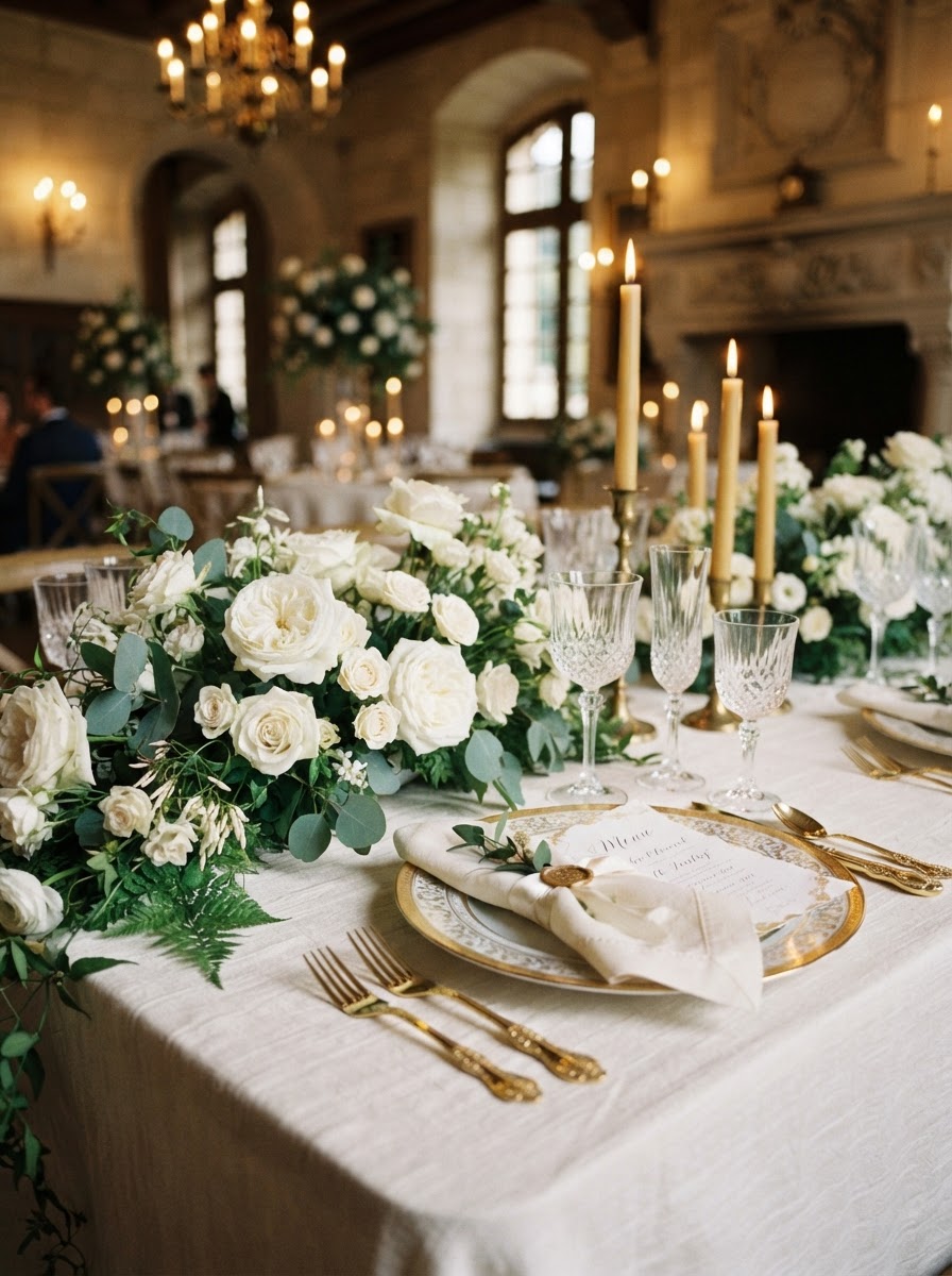 Ivory and gold wedding table setting with white roses