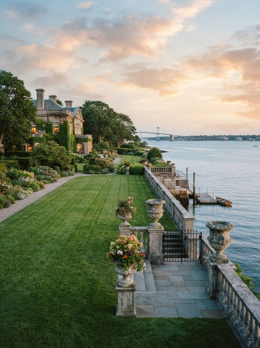 Stone balustrade overlooking the estate's waterfront lawn