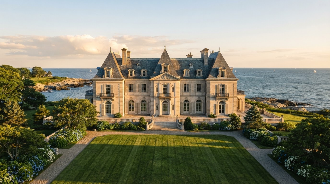 Wide view of the historic estate and manicured lawn