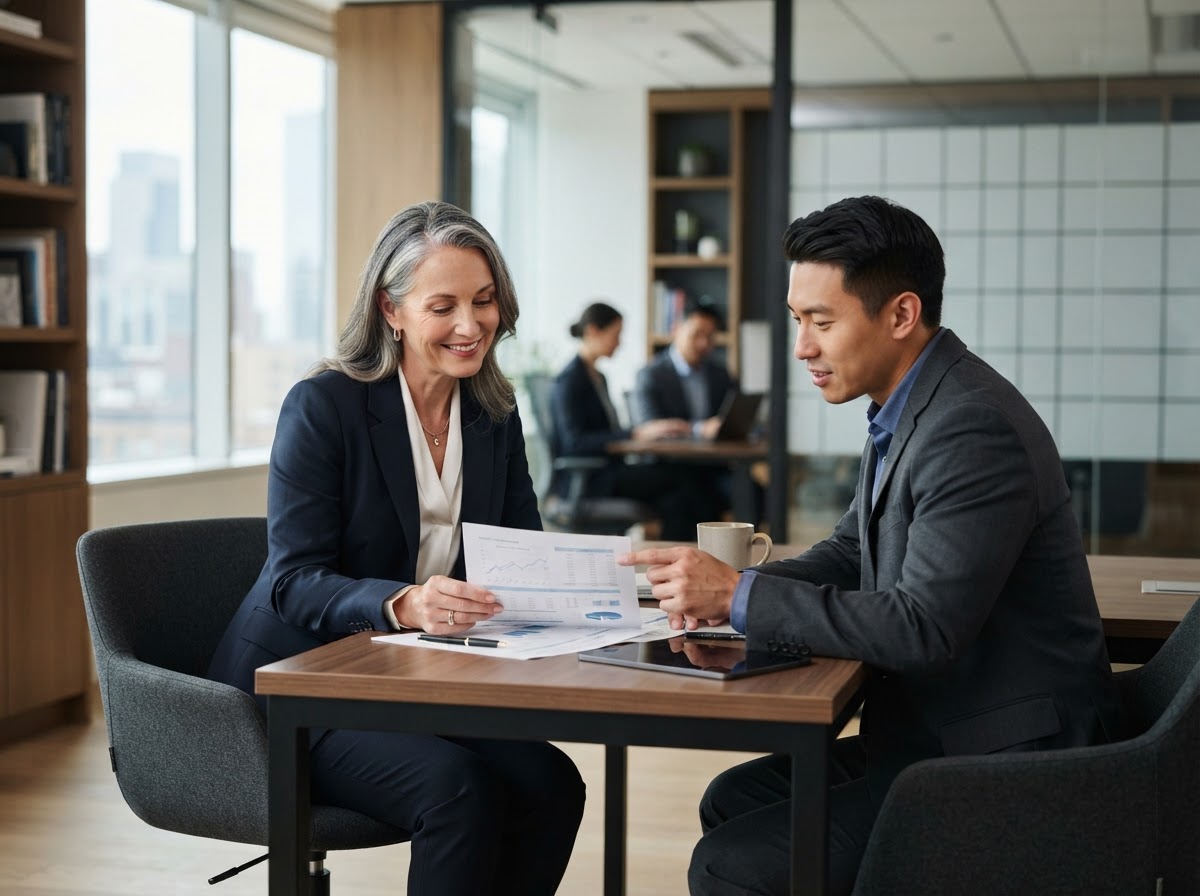 Accountant reviewing financial documents with a client in a bright office