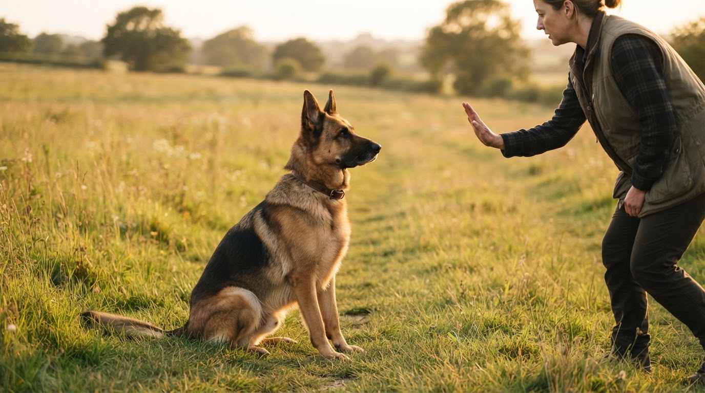 German Shepherd holding a sit-stay in a field at golden hour