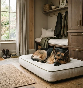 Calm German Shepherd resting on a bed in an upscale home