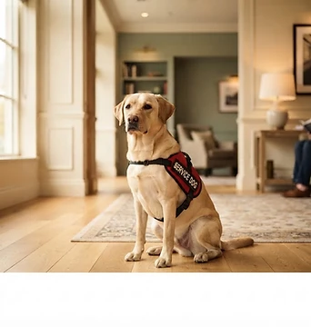 Calmer service dog in a vest sitting attentively beside its handler in a warm home
