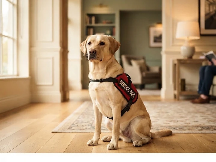 Calmer service dog in a vest sitting attentively beside its handler in a warm home