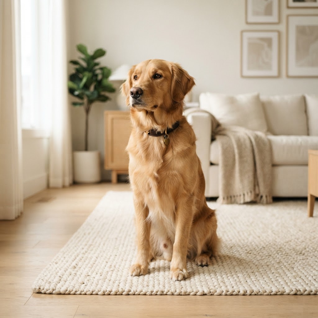 A well-trained dog sitting attentively in a warm neutral home