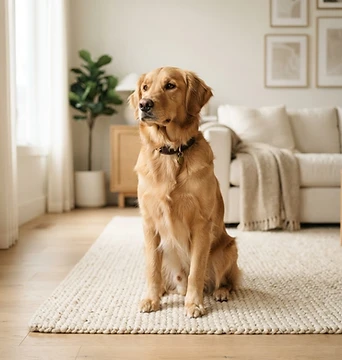 A well-trained dog sitting attentively in a warm neutral home