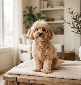 A beautifully groomed dog with a glossy coat in warm natural light
