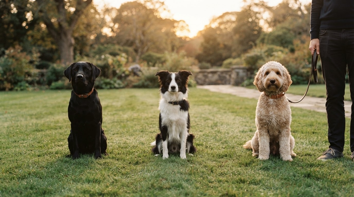 Small group of well-mannered dogs training together on a lawn