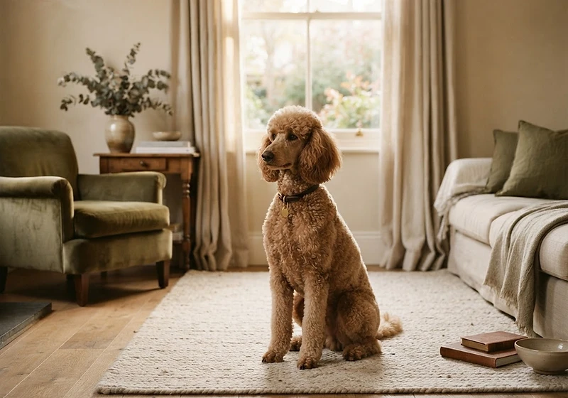 Standard poodle sitting in a warm neutral living room