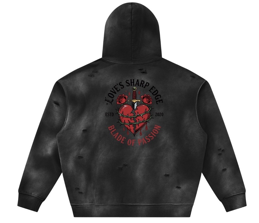 Distressed Hoodie — Acid Wash Black — back