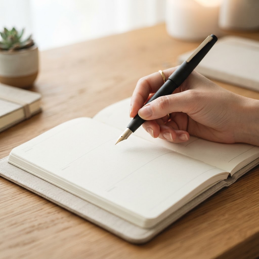 A fountain pen resting on a clean planner