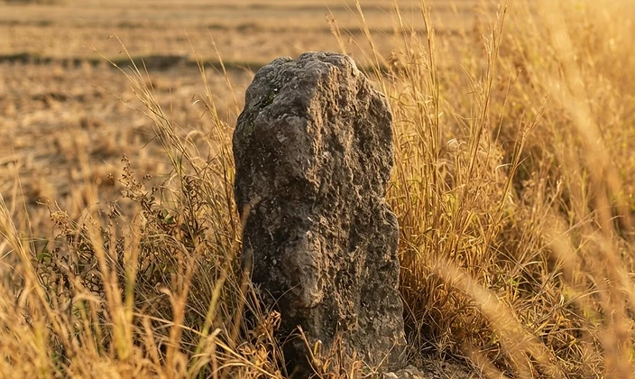 Stone boundary marker at the edge of a field in Haryana