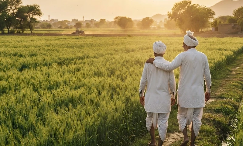 Two proud Haryanvi men in dhoti kurta walking over their farmland at golden hour