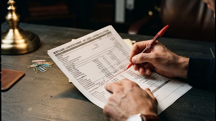 Close-up of hands reviewing mortgage servicing documents and foreclosure notices on a dark desk with a gold lamp.
