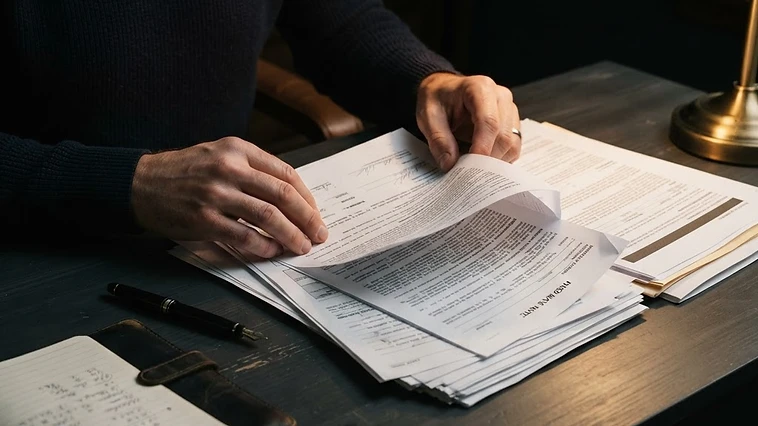 Homeowner conducting a mortgage document review on a dark desk with warm lighting.