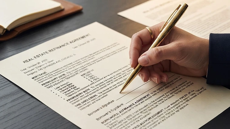Close-up of a homeowner reviewing refinance paperwork and checking for loan document errors on a dark desk.