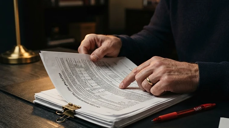 Homeowner conducting a mortgage document review on a dark desk with a gold accent lamp.