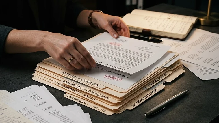 Hands organizing legal evidence and mortgage documents on a dark desk under warm lighting.