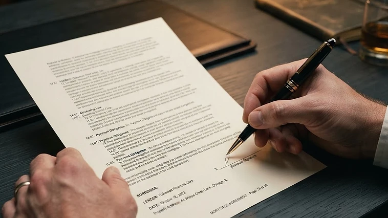 Close-up of a homeowner reviewing mortgage loan documents with a gold pen on a dark desk.