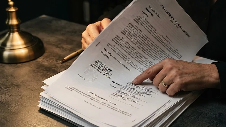 A close-up view of a homeowner reviewing physical refinance paperwork to detect mortgage fraud and loan document errors on a dark desk.
